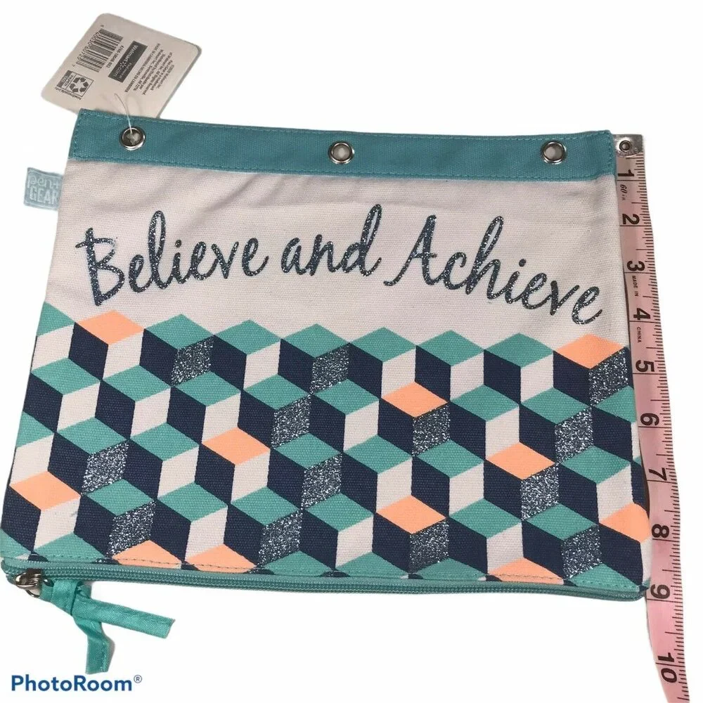 Pen and Gear Canvas Binder Pouch “Believe and Achieve” Blue 11” X 9” New